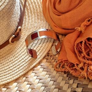 Plique-a-jour Silver Cuff Bracelet with Red and Orange Accents